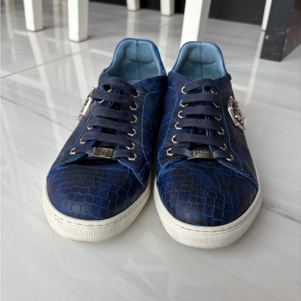 PHILIPP PLEIN Blue Crocodile Leather Print Lo-Top Sneaker Luxury Designer - Picture 3 of 11